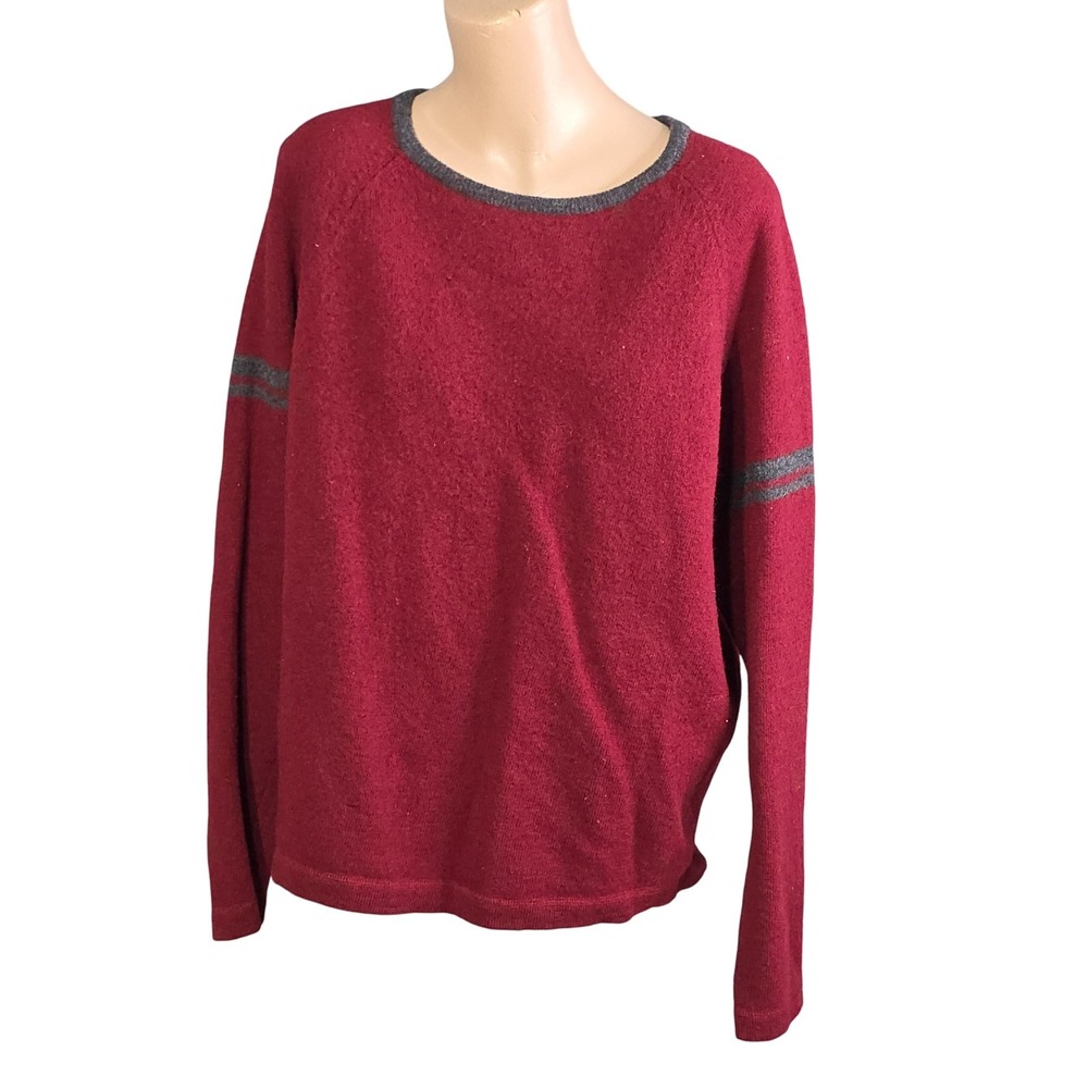 Old Navy Sweater Womens 2XL Burgundy Gray Merino Wool‎ Crewneck Raglan Pullover